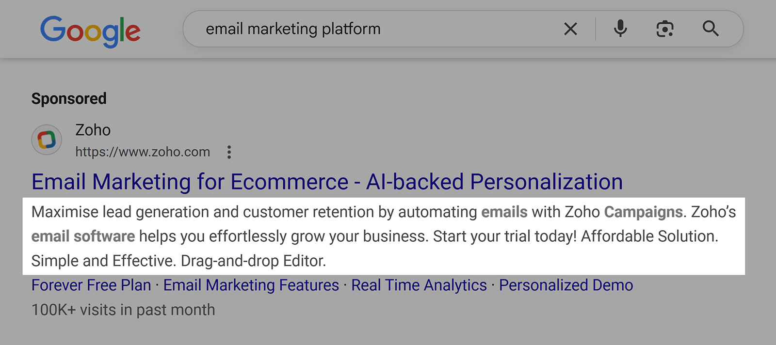 Google ad description highlighted for "email marketing platform" search ad.