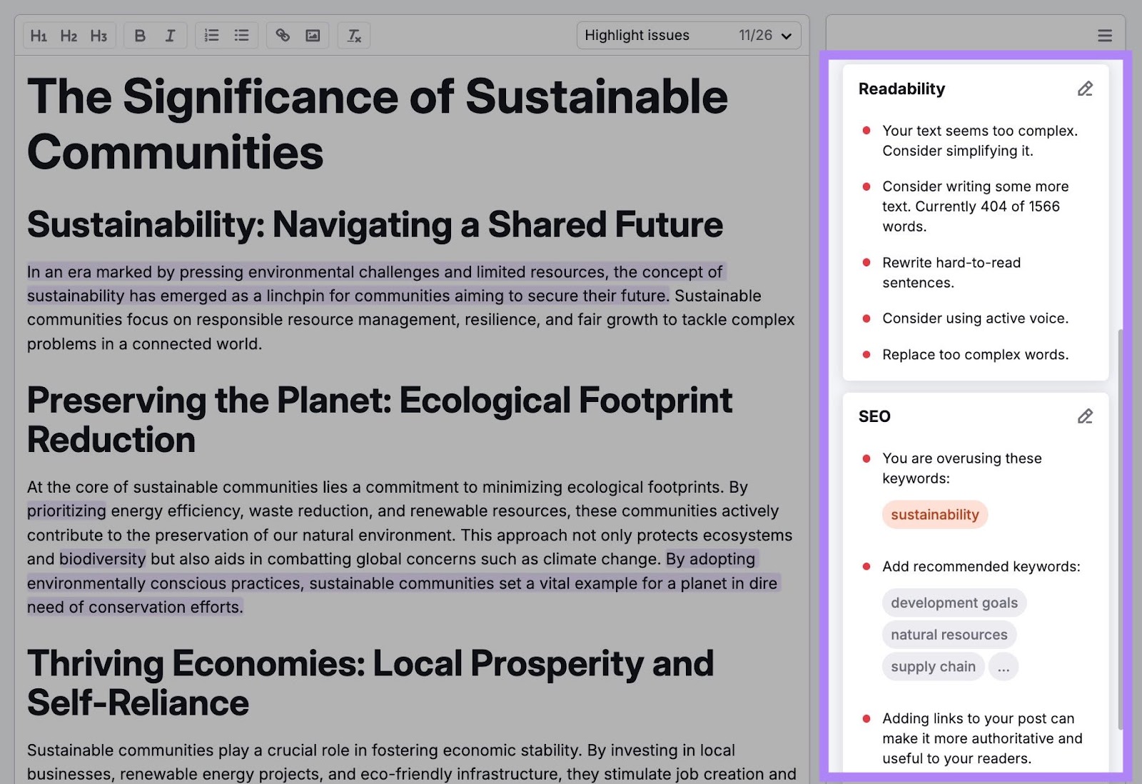 Content optimization suggestions on the right-hand side of the SEO Writing Assistant.