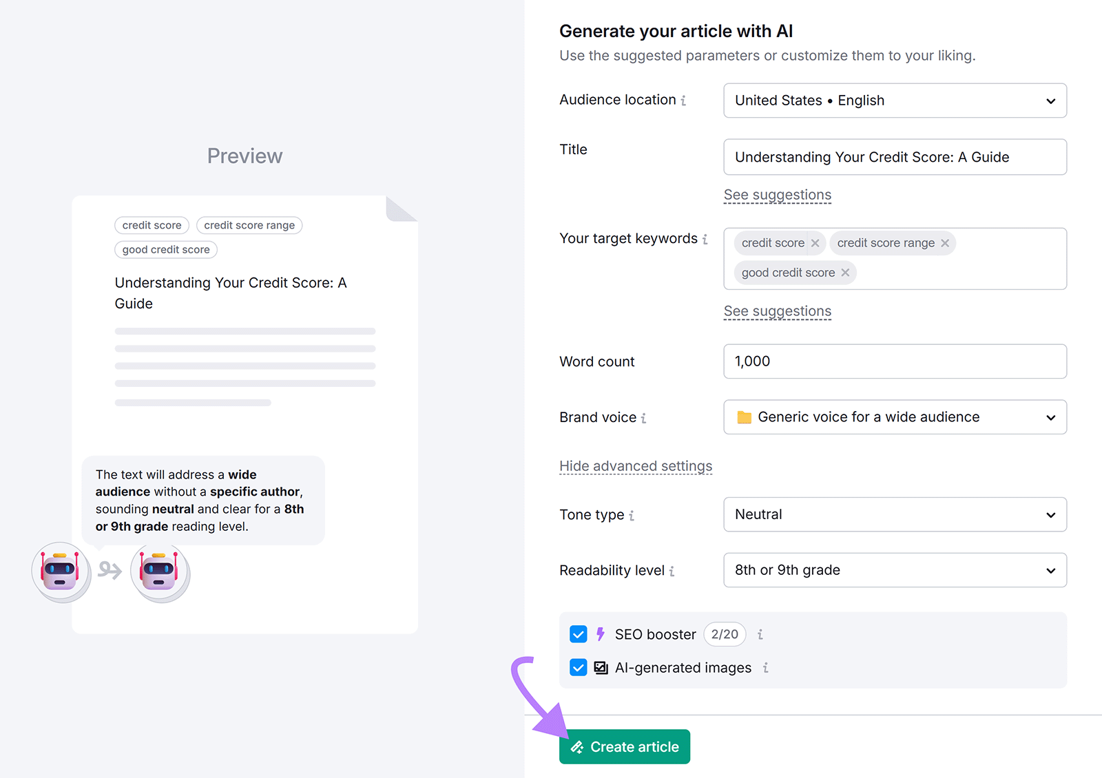 Semrush’s AI Article Generator with preview and arrow pointing to “Create article” button.