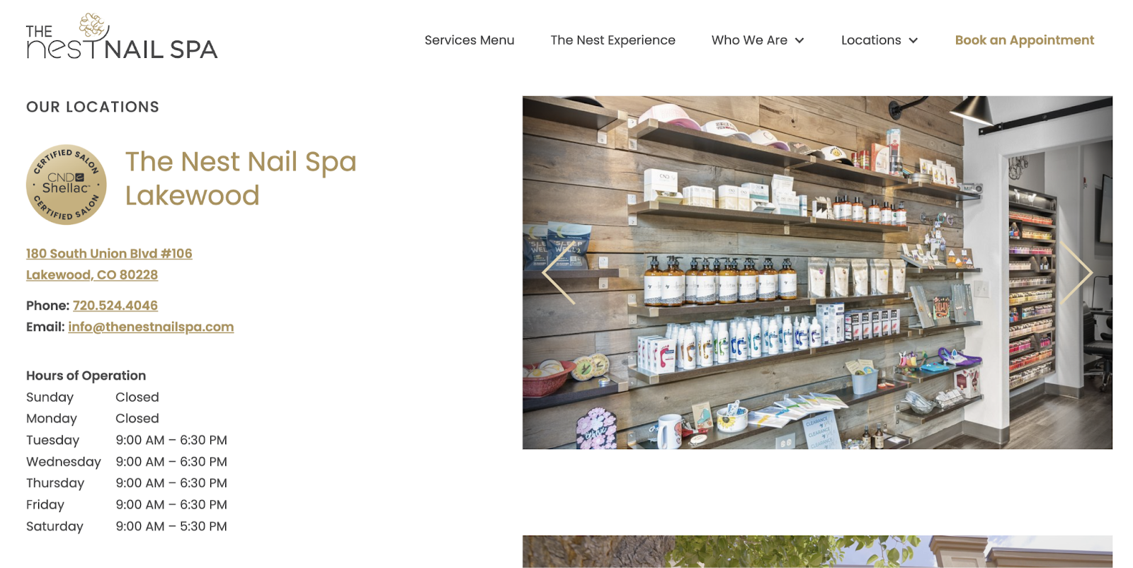 A nail spa's location page shows contact information, hours, awards, and a slideshow of the facility.