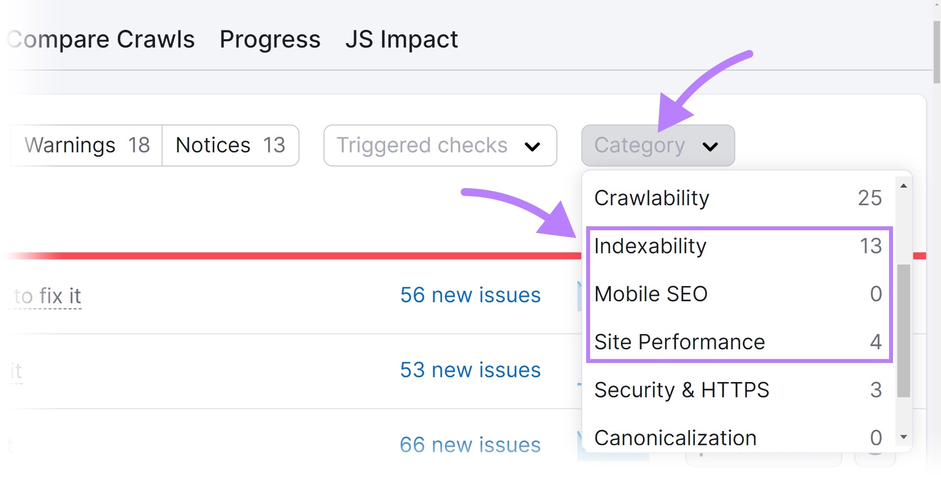 “Site Performance,” “Mobile SEO,” and “Indexability” selected from “Category” filter drop-down