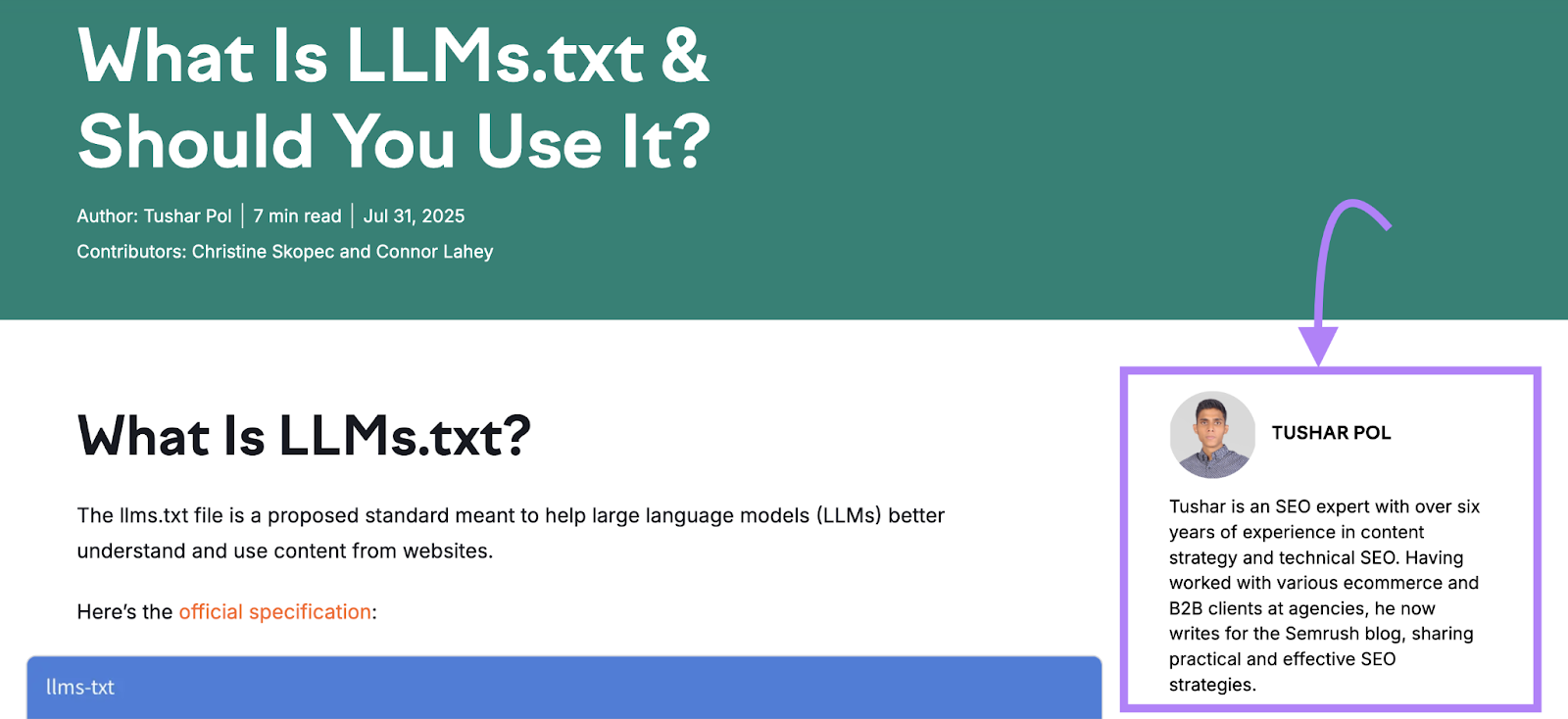 The blog author's bio appears near the top of the post with a headshot.