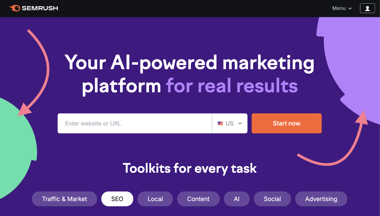 Colorful gear icons appear on the Semrush homepage.