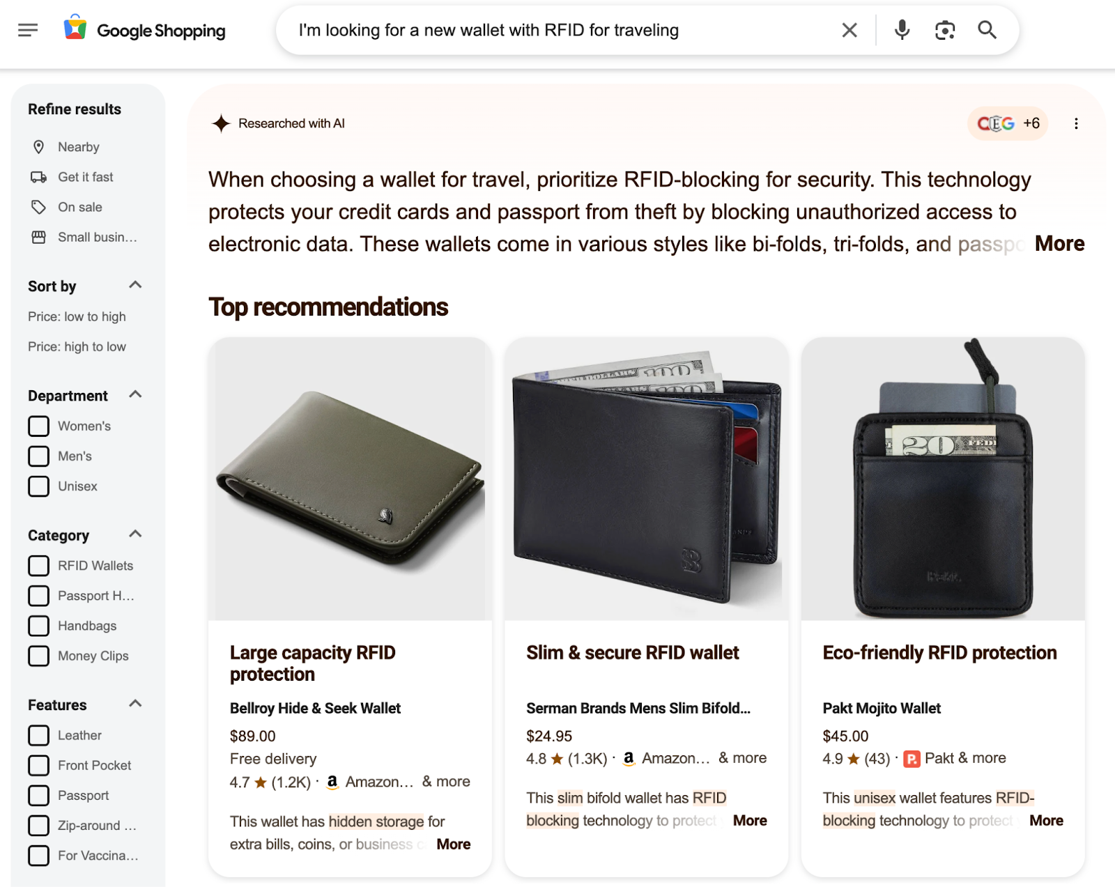 Google shopping search results for RFID travel wallet