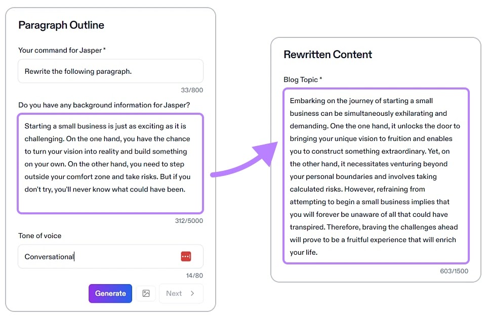 A paragraph outline and rewritten content example in Jasper