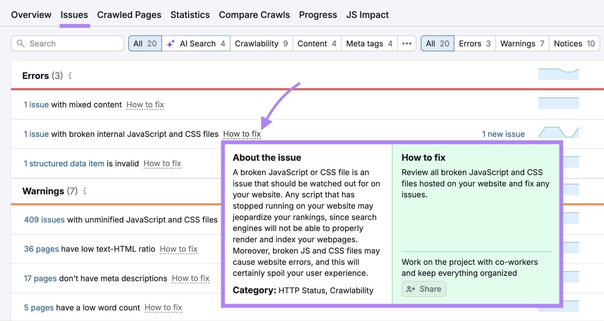 "How to fix" clicked next to an error on Site Audit showing more information about the issue and how to fix it.