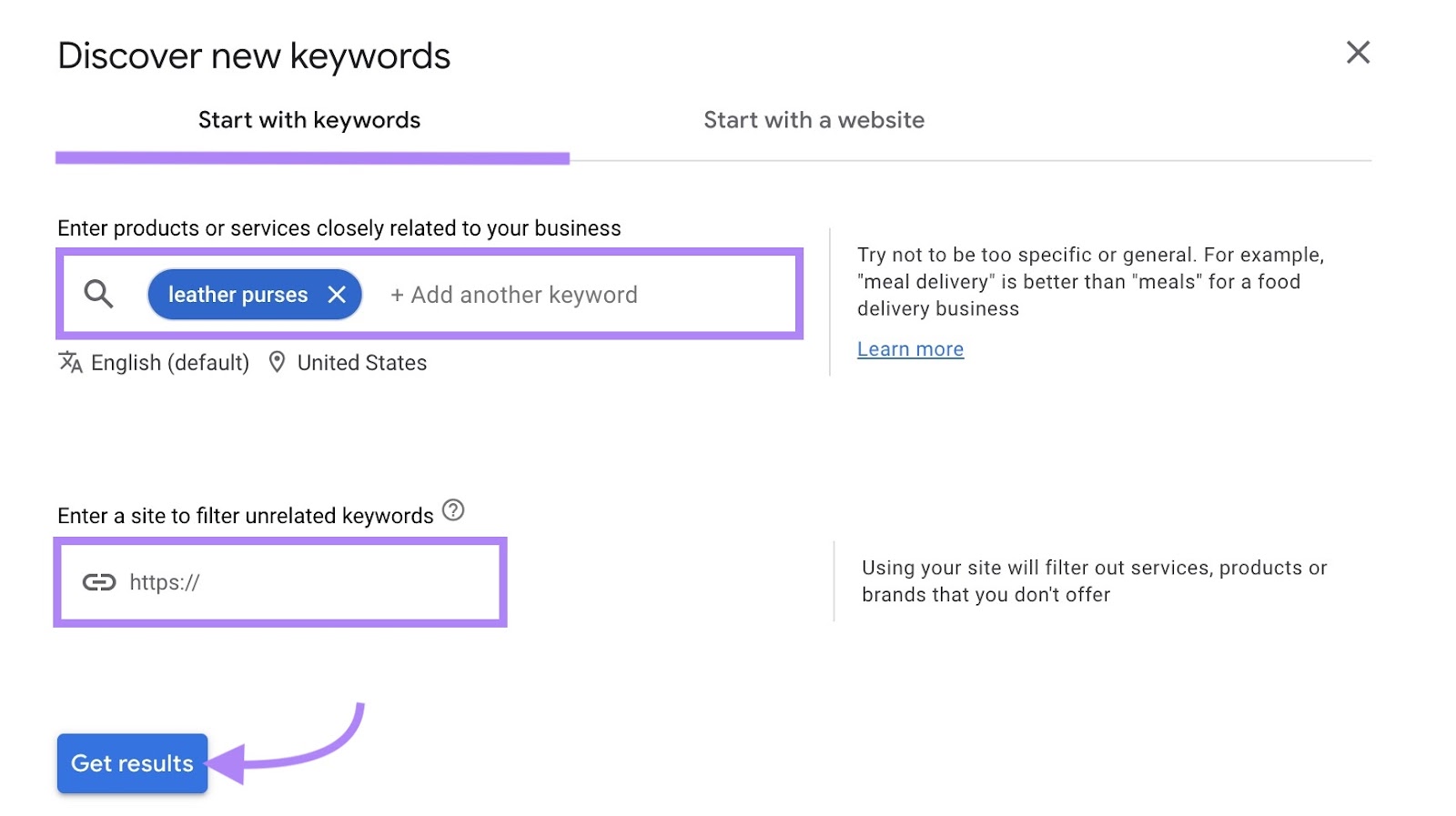 A seed keyword entered and "Get results" clicked on the Google Keyword Planner.
