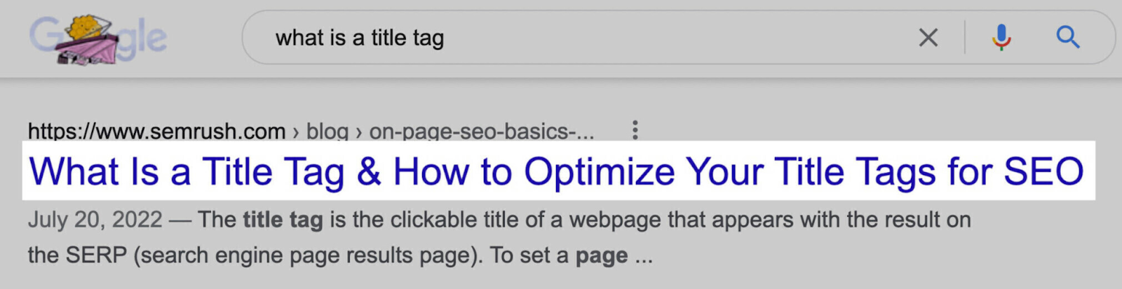 title tag, or the blue clickable link, in SERP is highlighted.