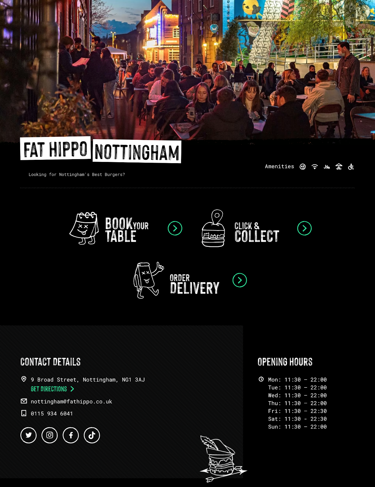 This restaurant has a location page with a vibey hero image, links to book a table or order, and NAP info alongside hours.