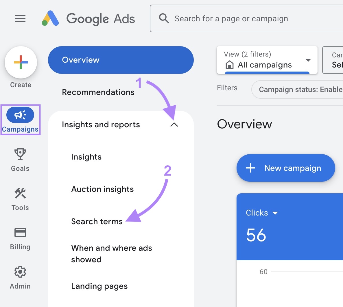 Navigating to the search terms report on Google Ads by selecting "Search terms" from the "Insights and reports" dropdown on the left-hand side menu.