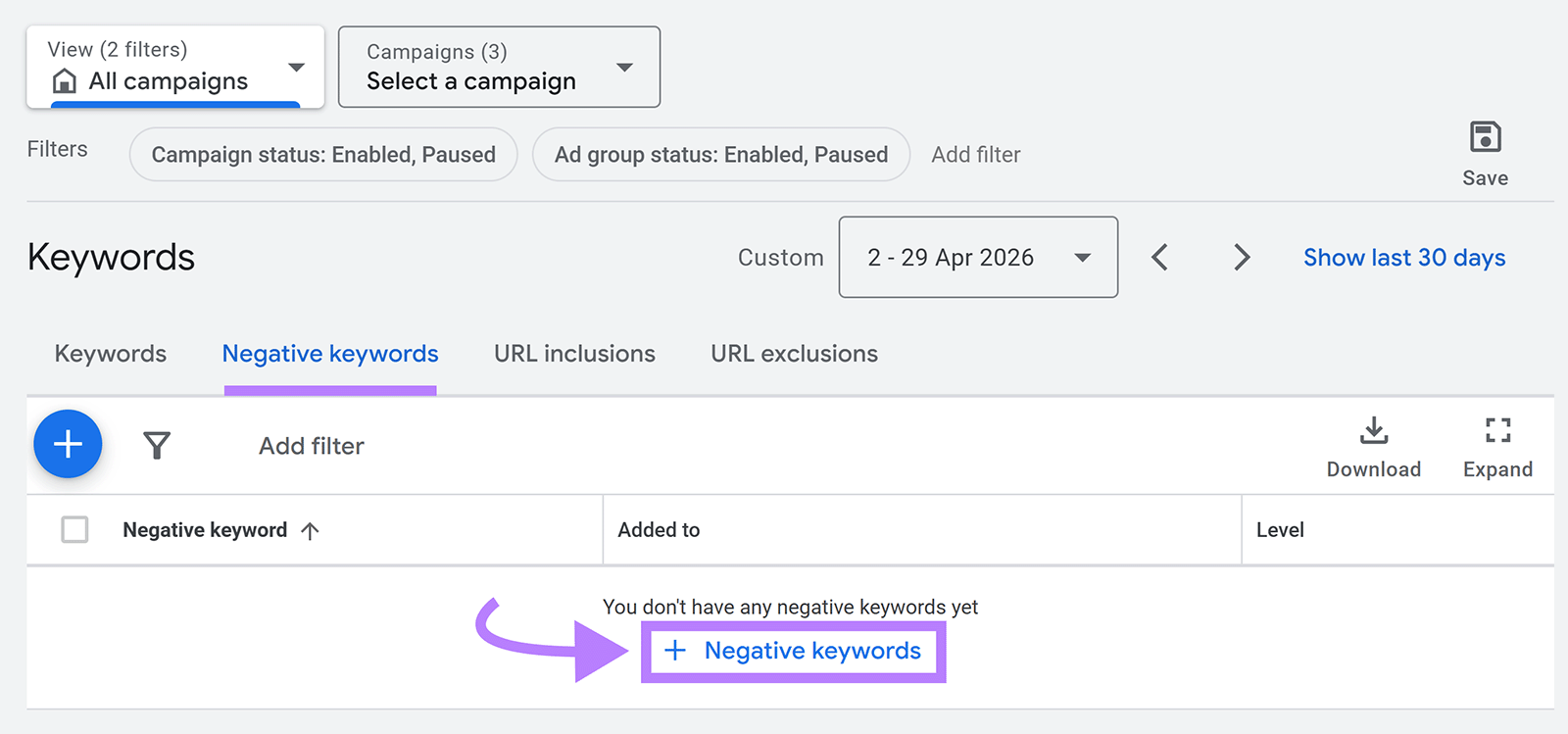 Google Ads account-level negative keywords popup with text box for adding excluded keywords and Save button