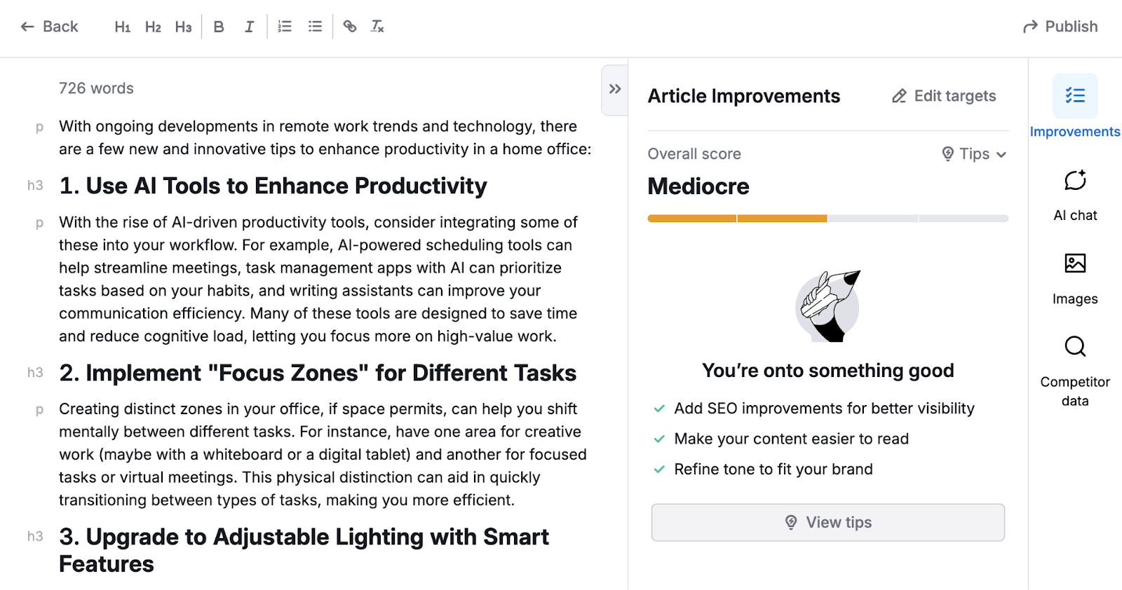 Content Optimizer shows an article's score is "mediocre."