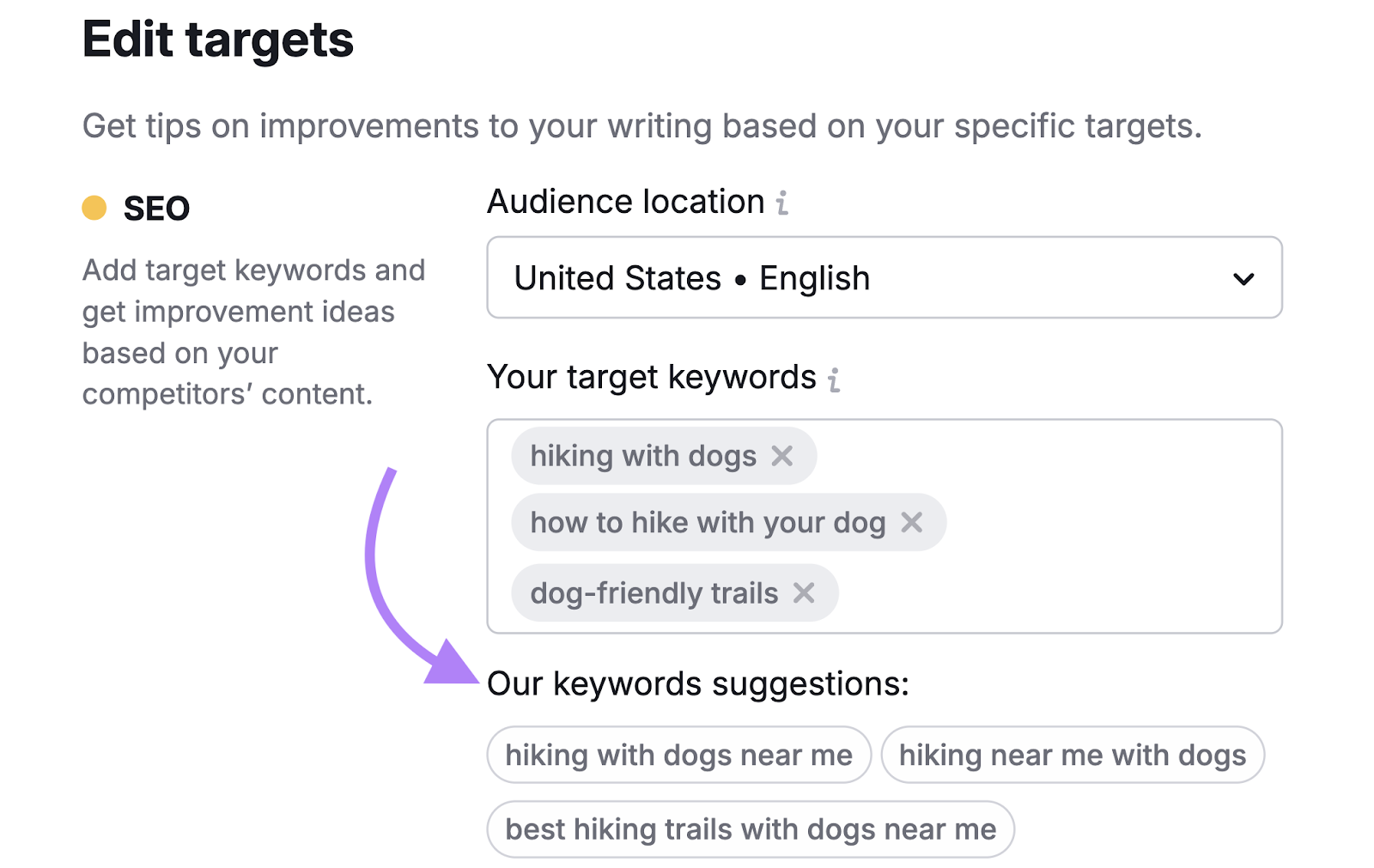 By editing targets, you can view keyword suggestions.