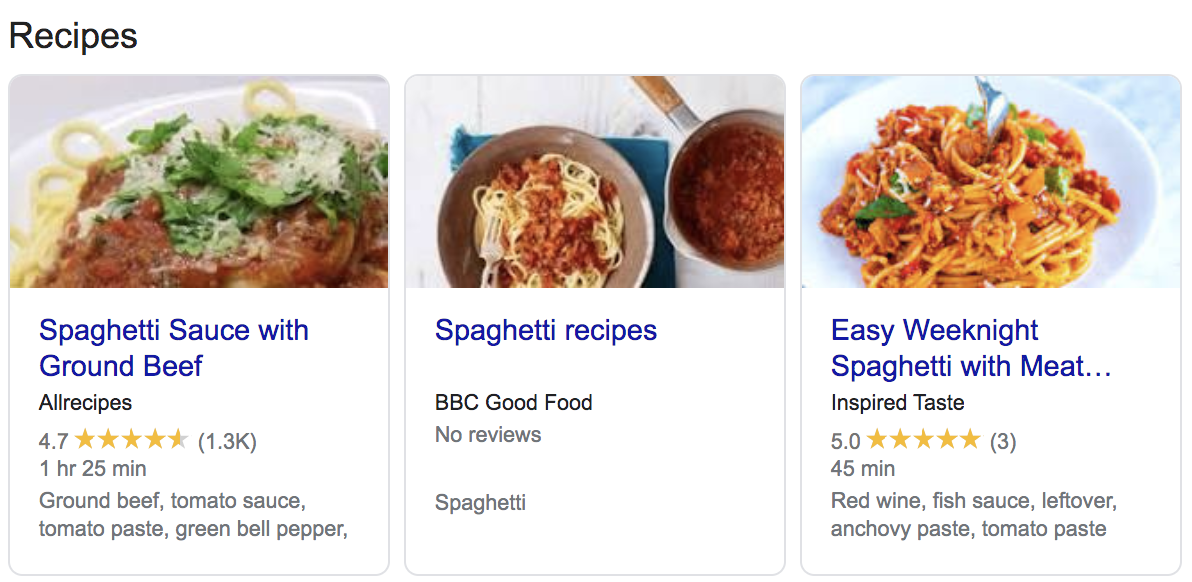A recipe page with valid structured data can appear in a graphical search result.