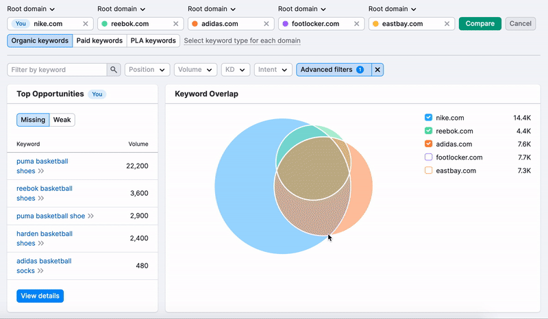 An example of the Keyword Gap report that shows Top opportunities and Keywords Overlap widgets for 2 competitors selected.