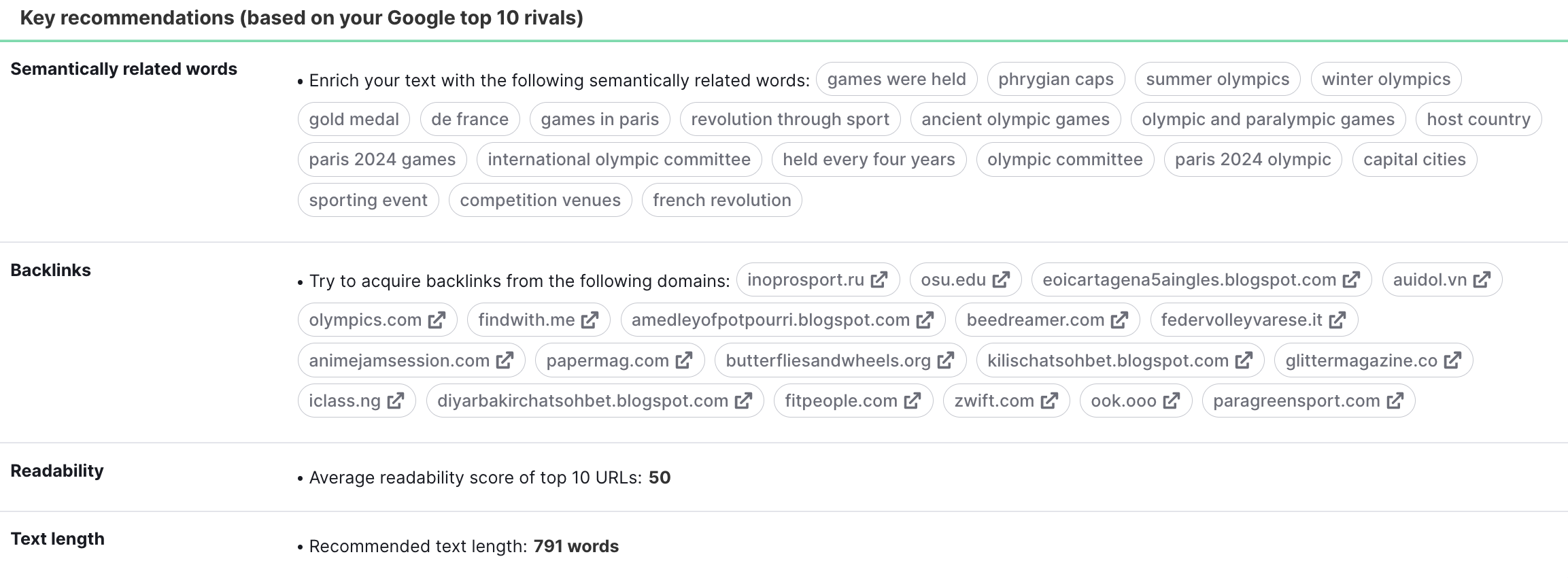 Example of the key recommendations in SEO Content Template.