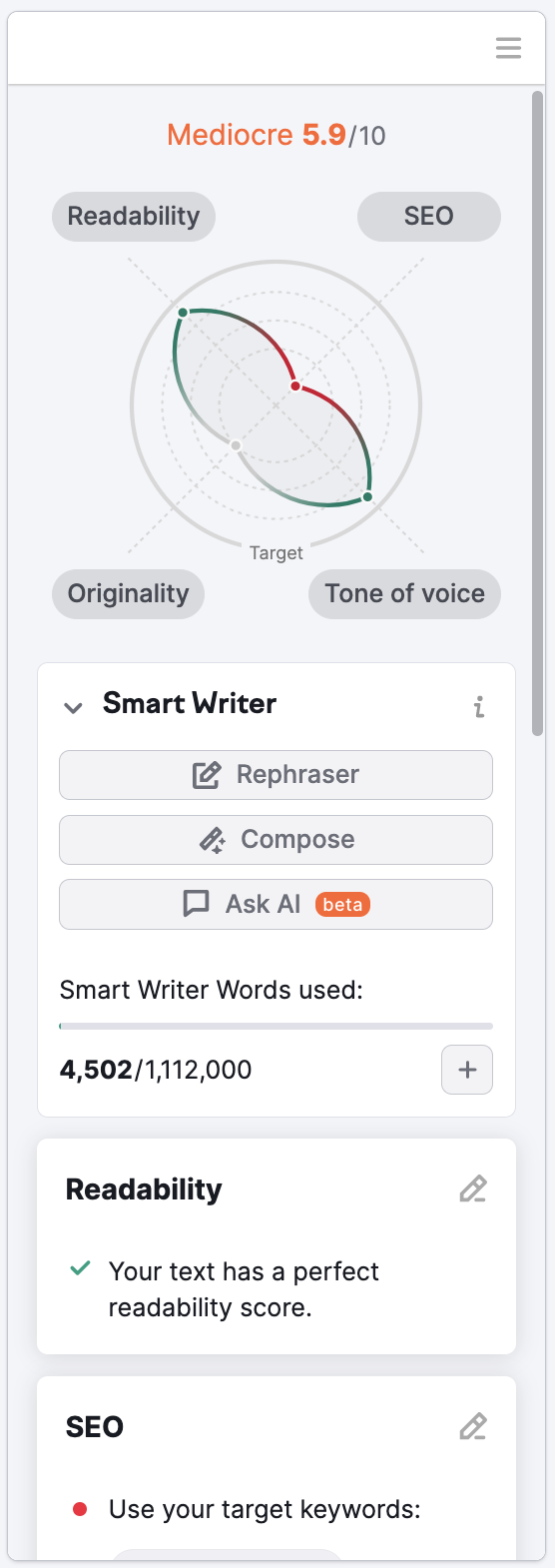 The SEO Writing Assistant tool showing the grading system - a score out of 10. Below is the four categories: readability, originality, tone of voice and SEO. Below this is the Smart Writer Words section which shows the rephraser, compose, and ask AI buttons.