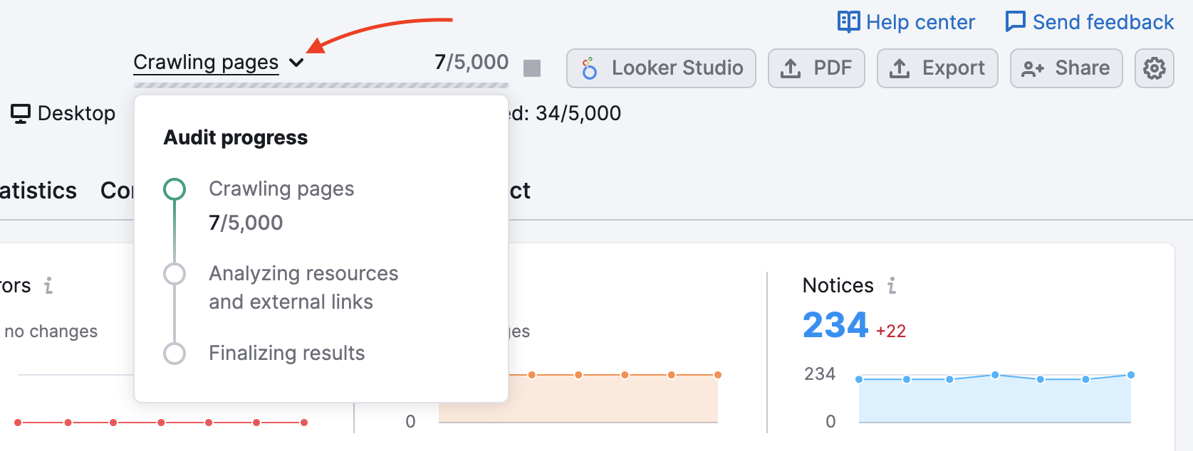 A dropdown with crawling details on reports.