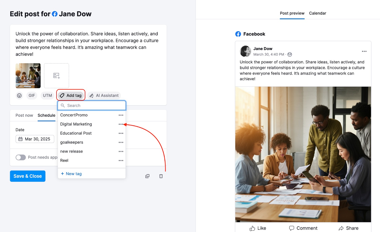 Post Preview in Social Poster displaying the Add Tag dropdown menu, with an arrow pointing to the list of available existing tags.