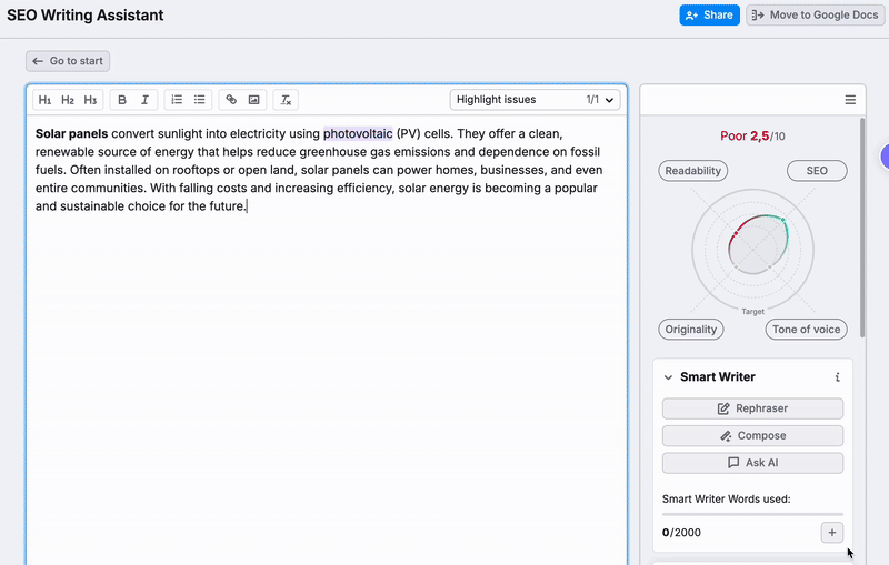 Change recommendations within SEO Writing Assistant by clicking the Edit button next to the SEO section and entering new target keywords.