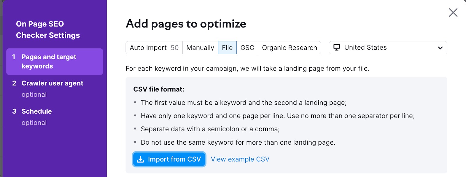 On Page SEO Checker settings - step 1 pages and target keywords. The file tab is selected.