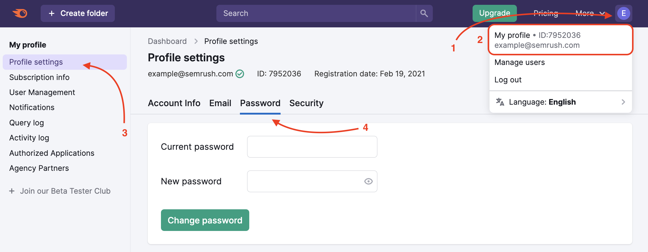 My Profile menu shows how to change your password.