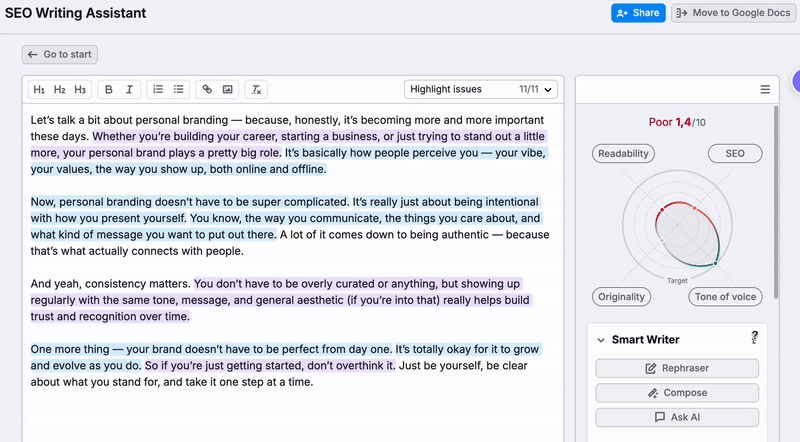 The real-time content check with a score out of ten.