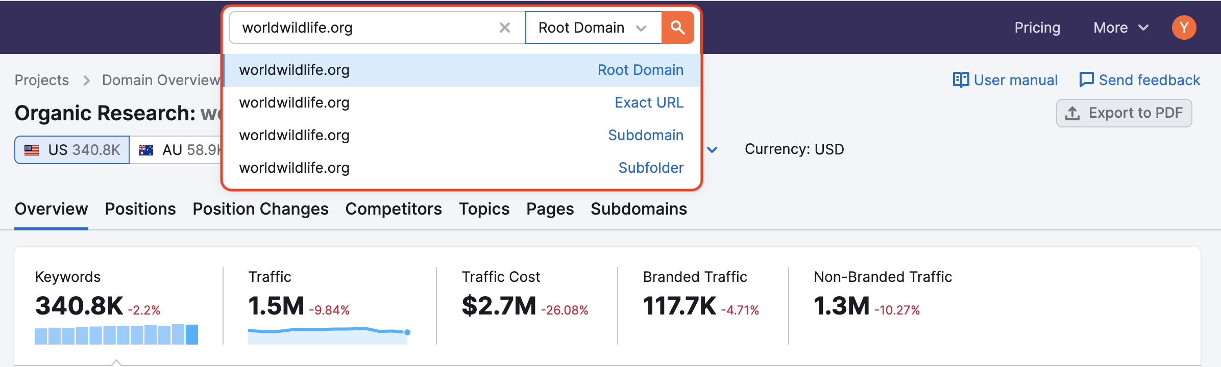 Organic Research Overview report open with the top interface visible. The expanded search bar displays options to query a root domain, subdomain, subfolder, or exact URL.