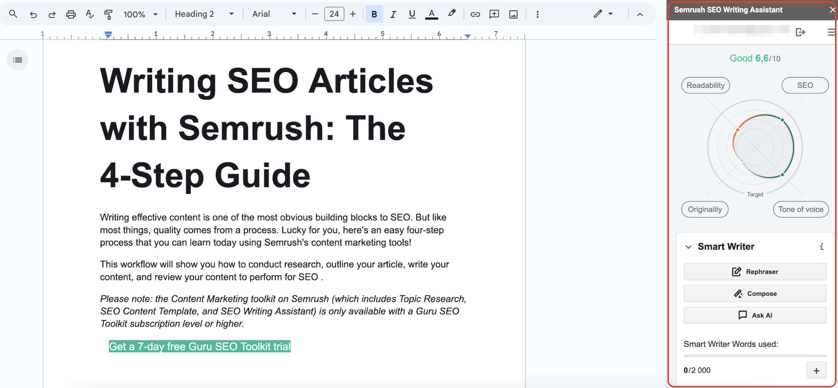 The SEO Writing Assistant tool with Google Docs. The tool showing the grading system - a score out of 10. Below is the four categories: readability, originality, tone of voice and SEO. Below this is the Smart Writer Words section which shows the rephraser, compose, and ask AI buttons.