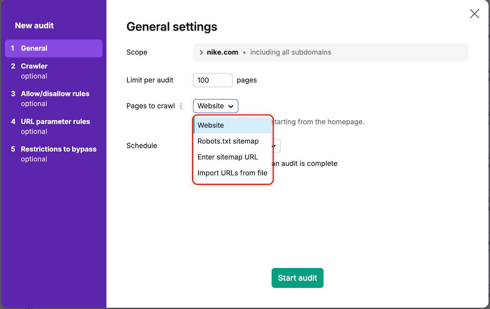 Pages to crawl options are highlighted in the Site Audit Settings window.
