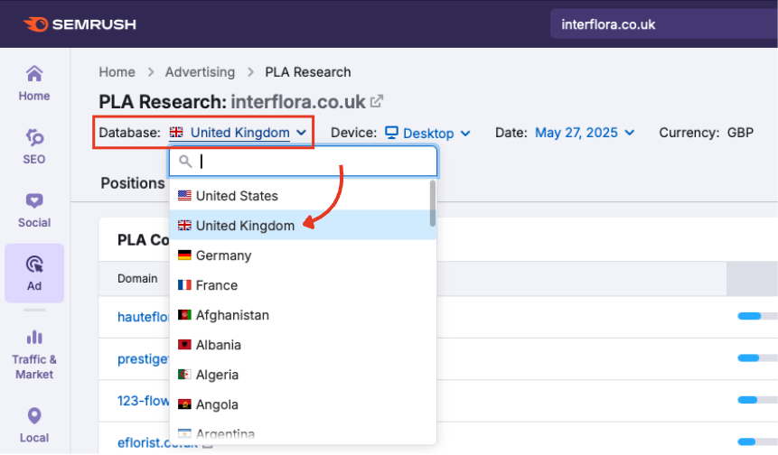 The database selector in PLA Research.