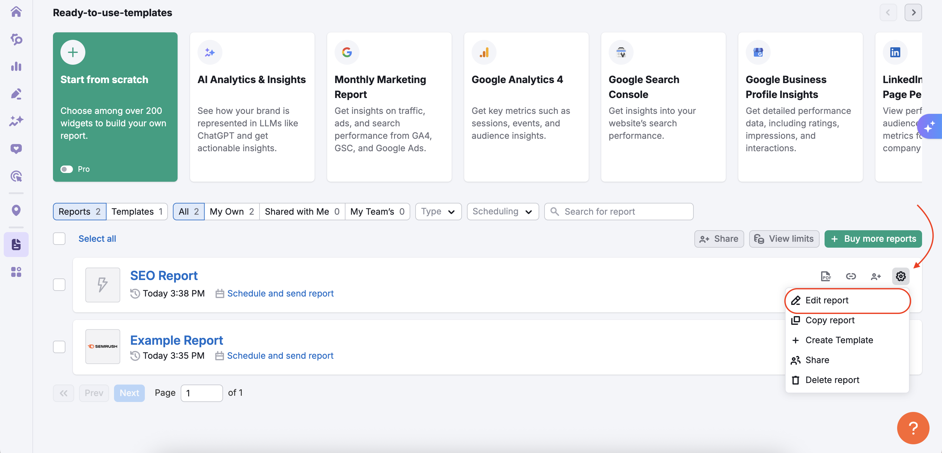 My Reports main page with settings menu opened via the gear button on the right side. Among the list of available options, the Edit report is highlighted.