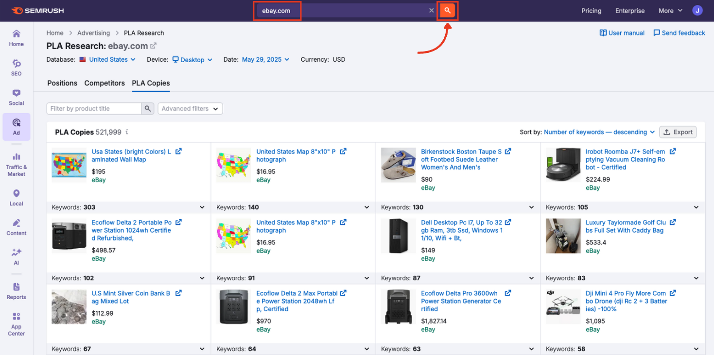 Search bar at the top of the PLA Research report with a competitor domain entered.