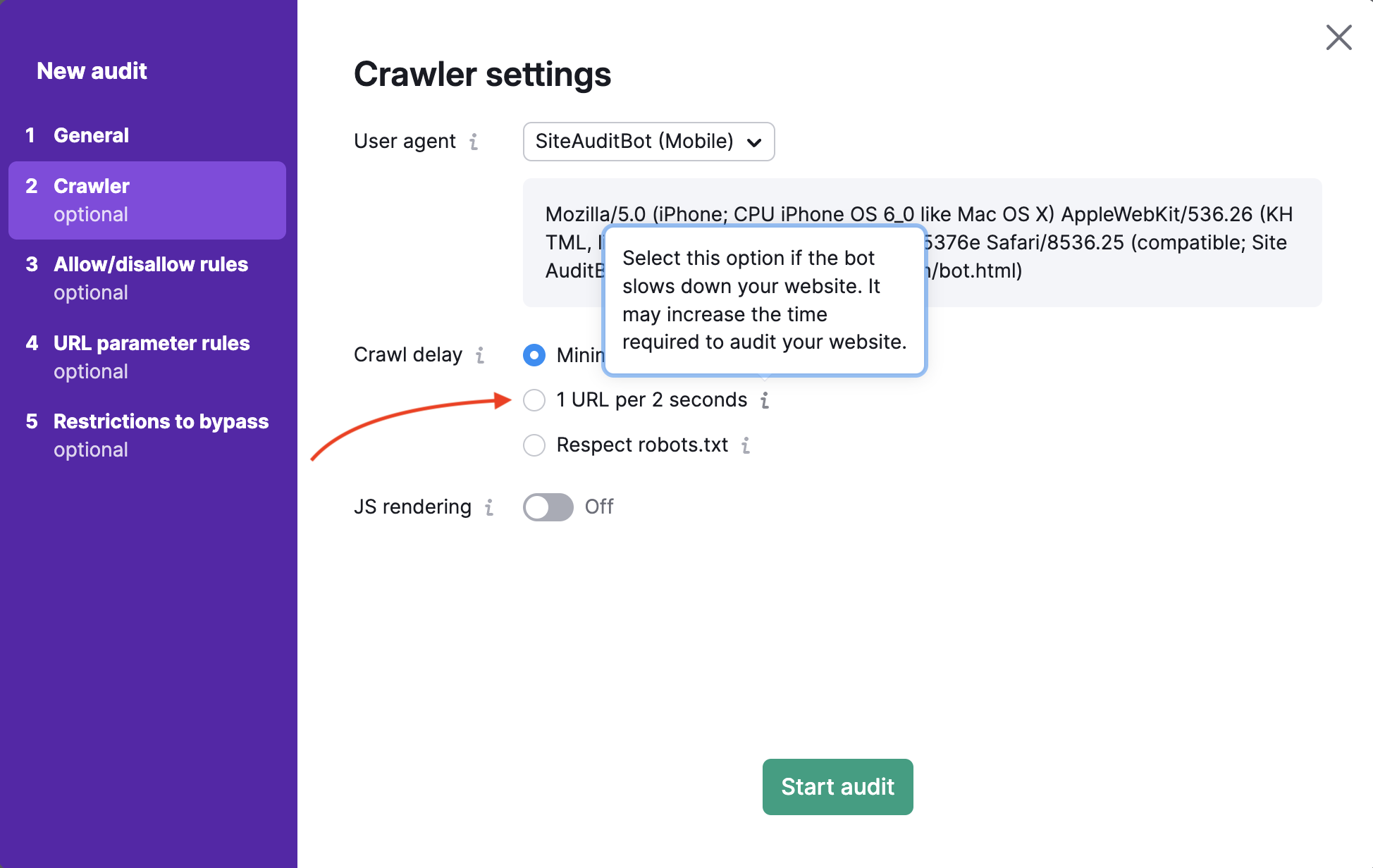 Site Audit crawler settings.