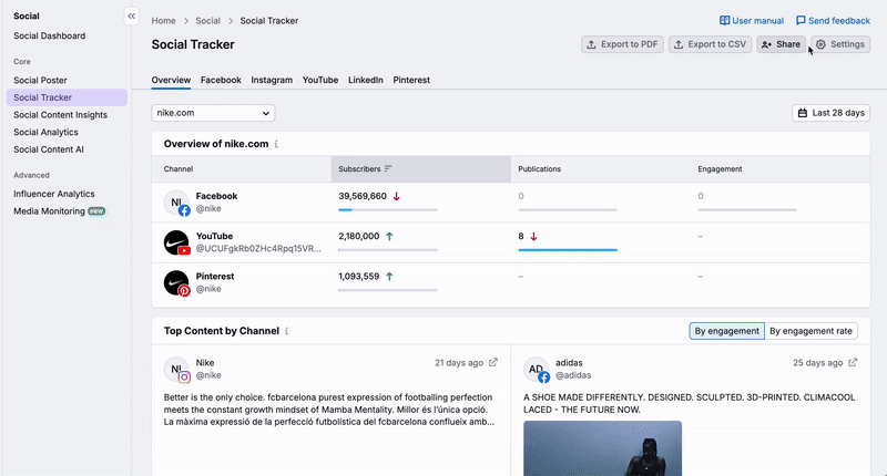 A process of adding competitors via the Settings in the Overview report in Social Tracker. Click on the Settings button in the top-right corner, and in the new pop-up window click the Add competitors. After that enter the competitors name and select social accounts to track.