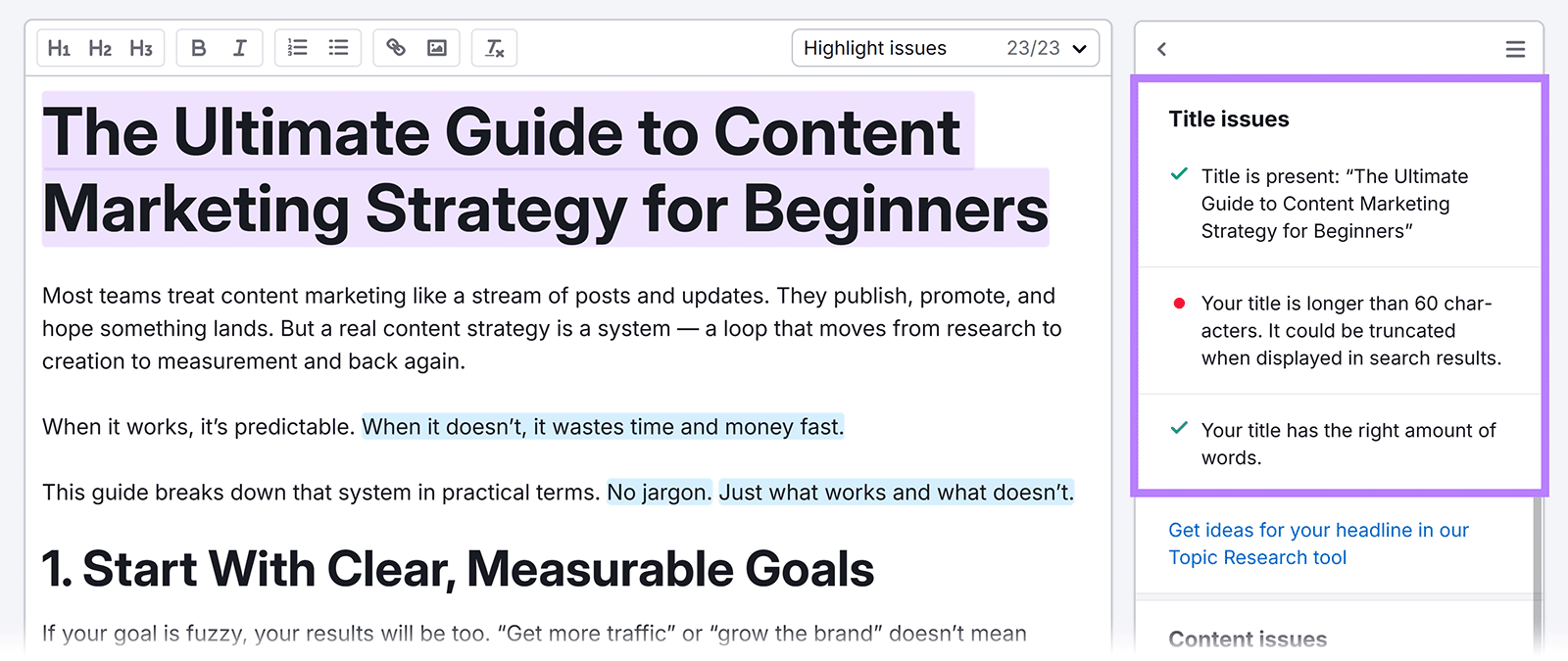 Title issues section in SWA sidebar showing title is longer than 60-characters issue.