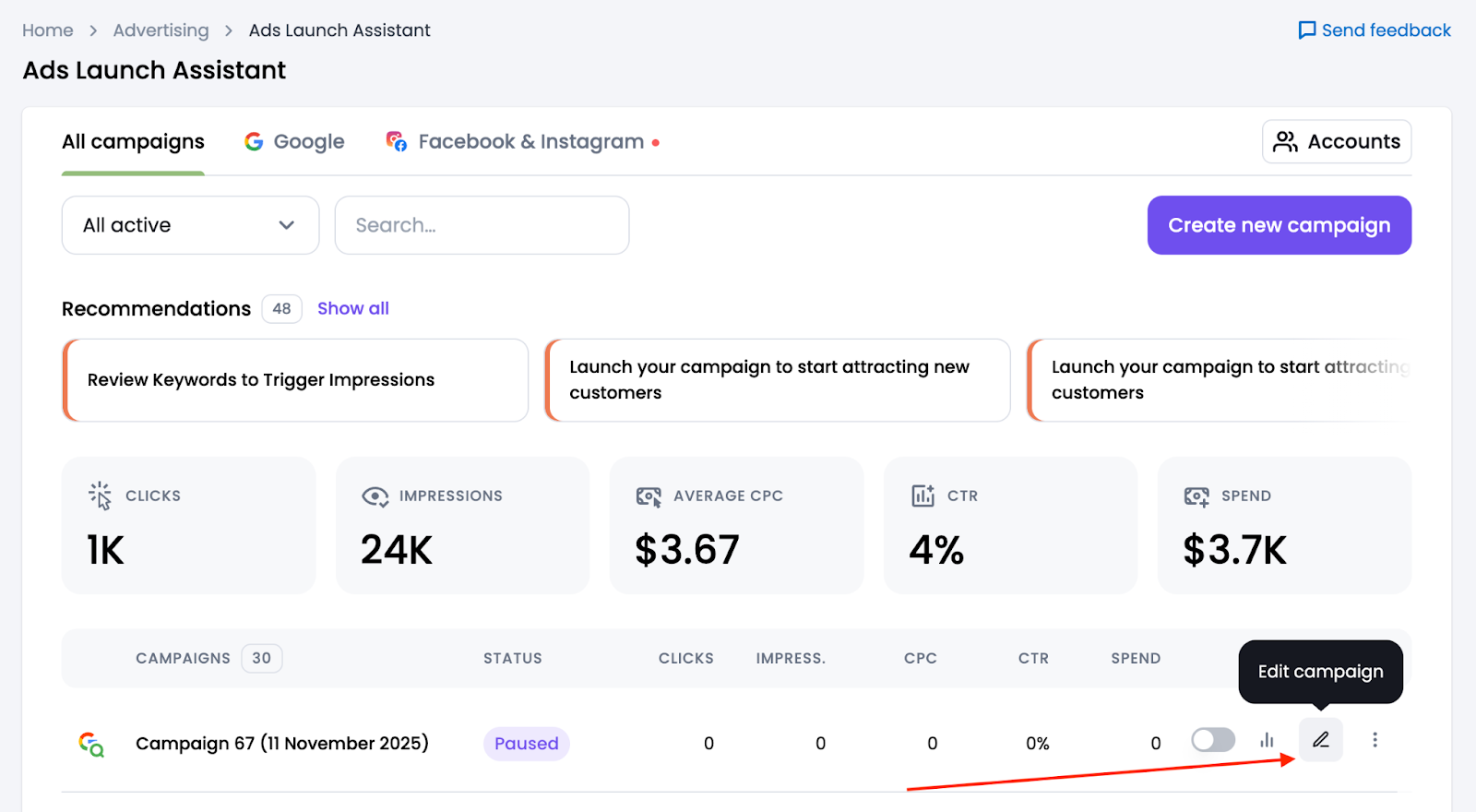 Edit your campaign with Ads Launch Assistant at any point.