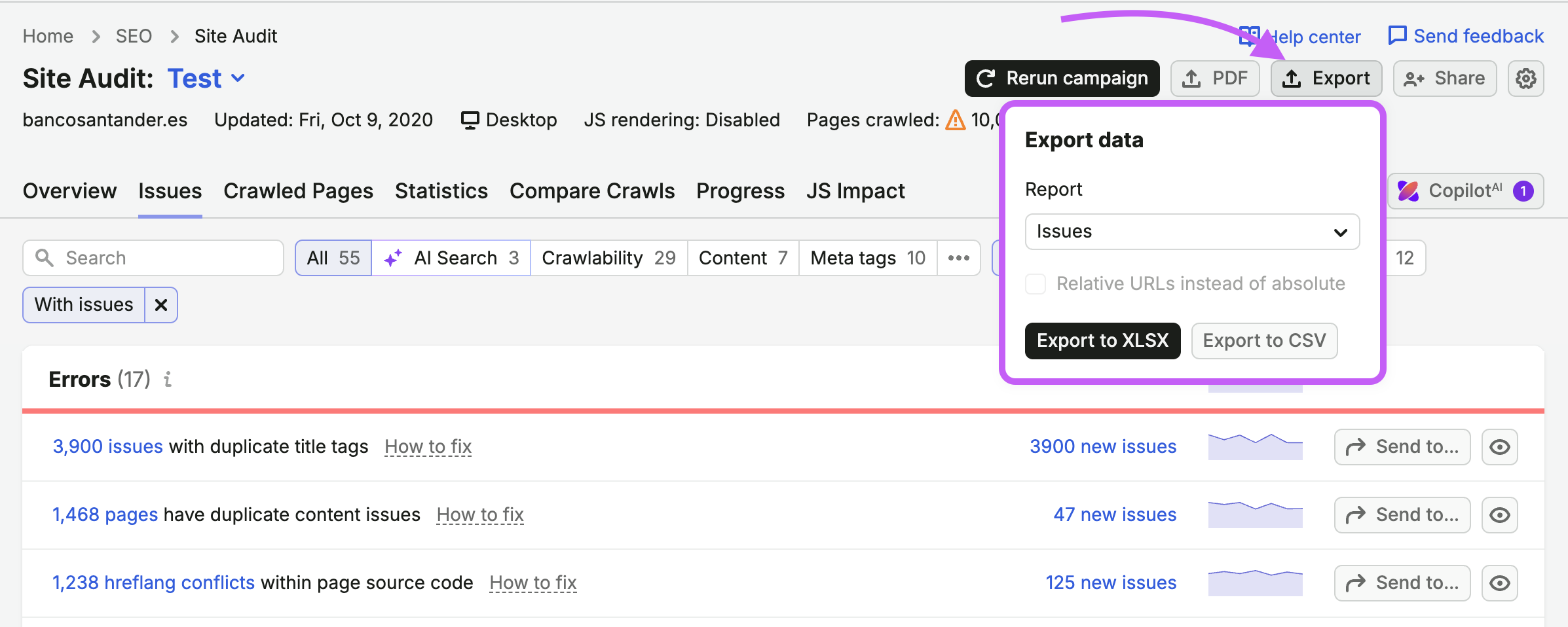 Issues report from Site Audit, demonstrating where to find the Export feature. Above the report, an arrow is pointing at the Export button in the top right corner. Clicking on this button opens a dropdown menu with a desired report type.